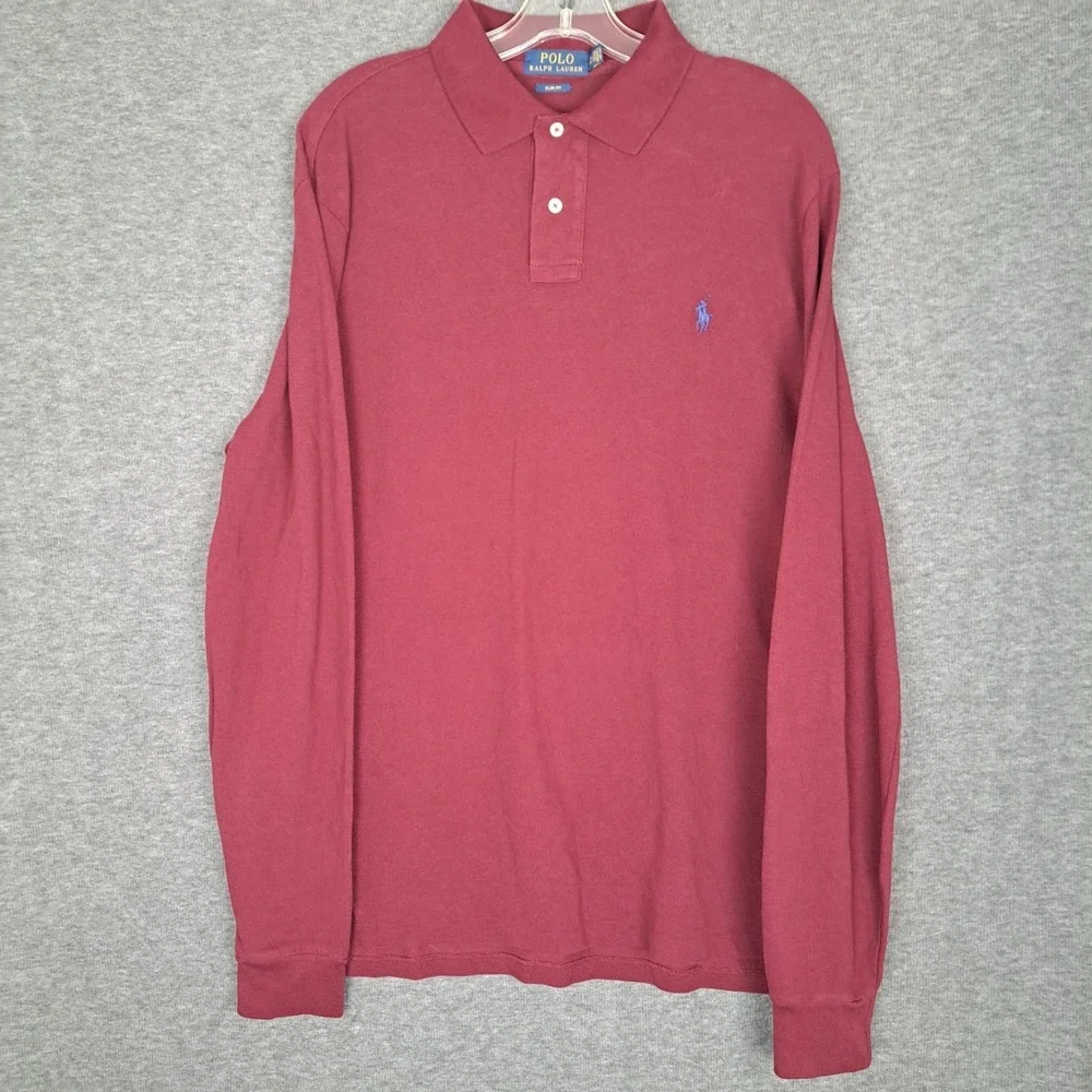 Polo‎ Ralph Lauren Shirt Mens XL Red Maroon Long Sleeve Slim Fit Blue Pony